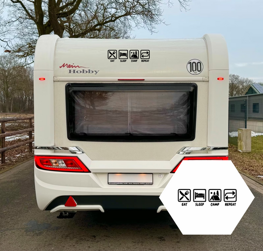 Wohnwagen-Aufkleber "Eat Sleep Camp Repeat"